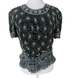 Vintage Adrianna Papell Boutique Sz L Evening Silk  Beaded Short Sleeve Blouse